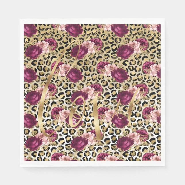 Girly Gold Pink Floral Leopard Print Love Napkins (Front)