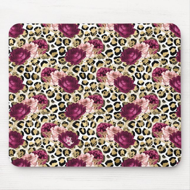 Girly Gold Pink Floral Leopard Print Mouse Pad (Front)