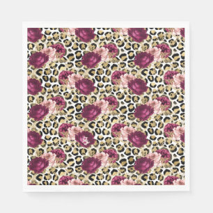 Girly Gold Pink Floral Leopard Print Napkins