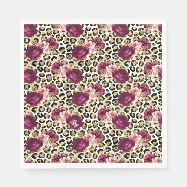 Girly Gold Pink Floral Leopard Print Napkins (Front)