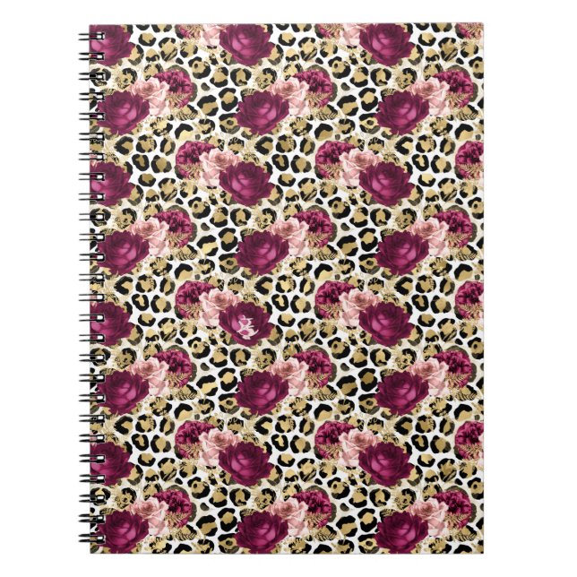 Girly Gold Pink Floral Leopard Print Notebook (Front)