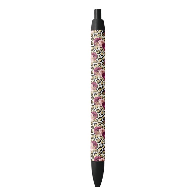 Girly Gold Pink Floral Leopard Print Pen (Front Vertical)