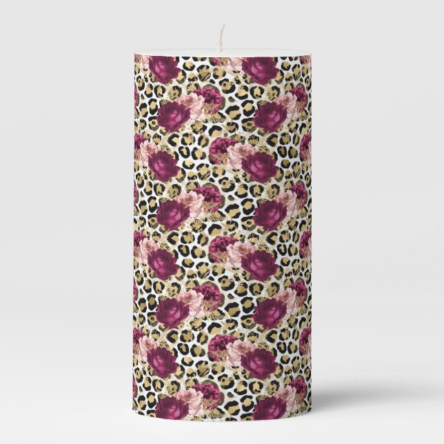 Girly Gold Pink Floral Leopard Print Pillar Candle (Front)