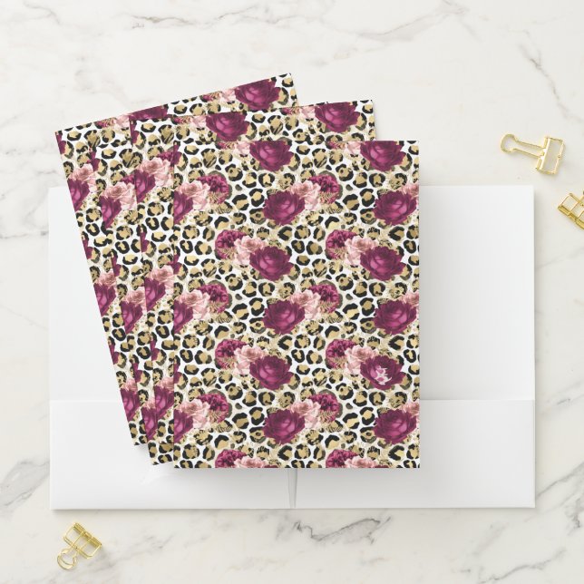 Girly Gold Pink Floral Leopard Print Pocket Folder (In Situ)