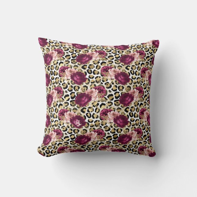 Girly Gold Pink Floral Leopard Print Throw Pillow (Front)