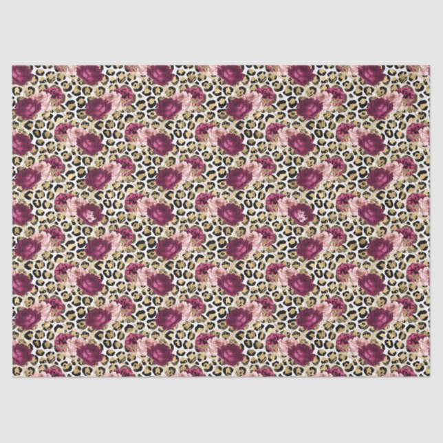 Girly Gold Pink Floral Leopard Print Tissue Paper (Front)