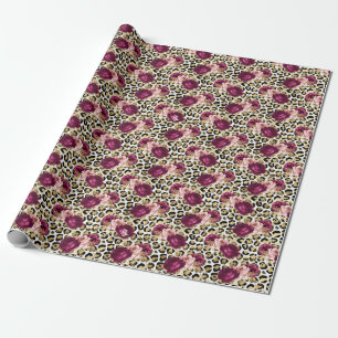 Girly Gold Pink Floral Leopard Print Wrapping Paper