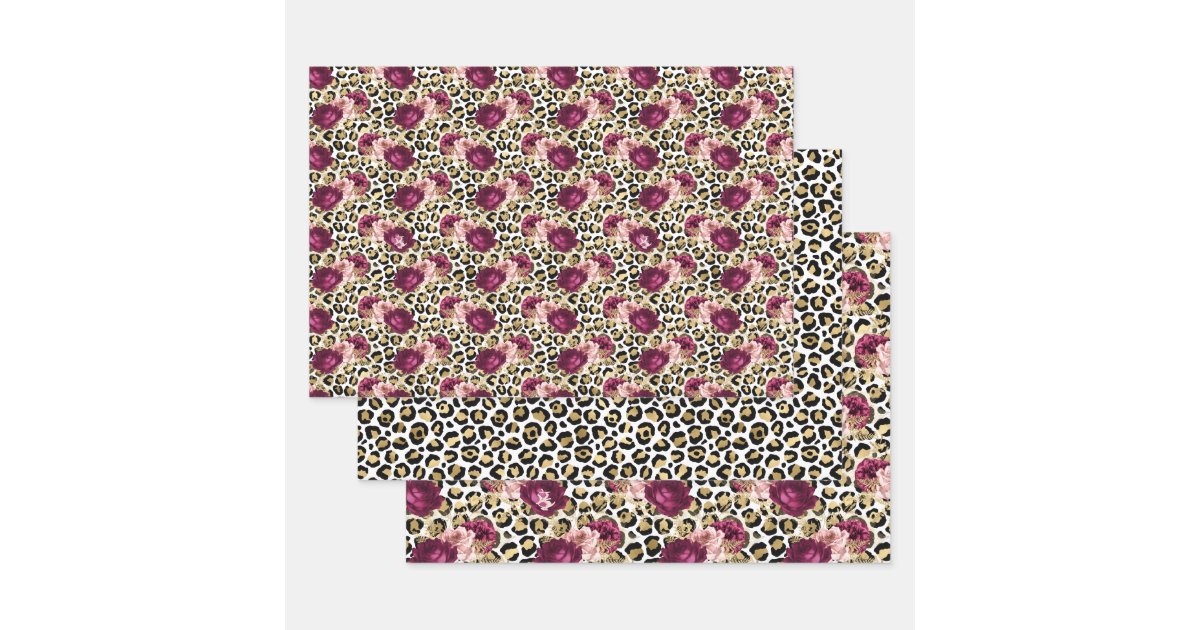 Girly Gold Pink Floral Leopard Print Wrapping Paper Sheets | Zazzle