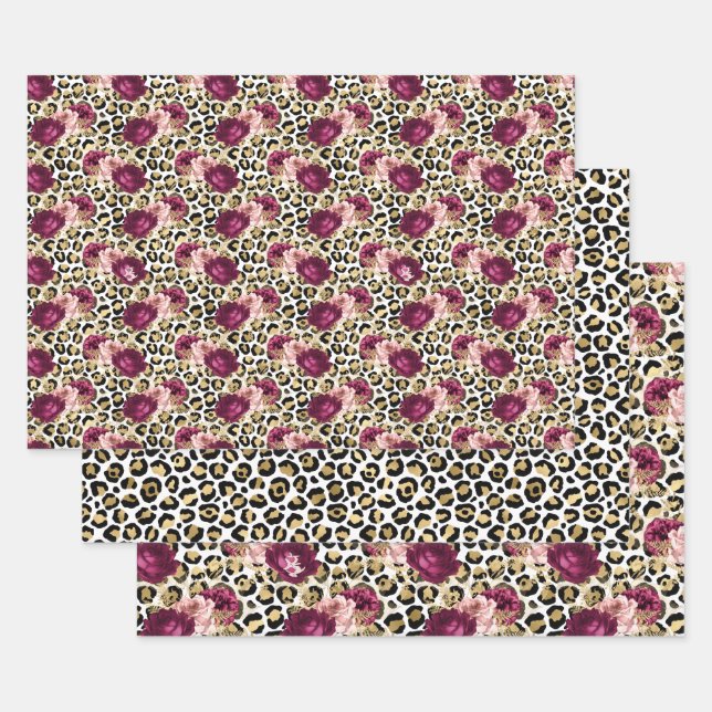 Girly Gold Pink Floral Leopard Print Wrapping Paper Sheets (Set)
