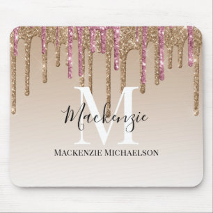 Girly Gold Pink Glitter Monogram Name Mouse Pad