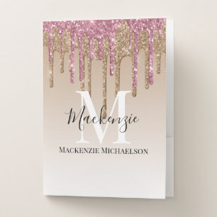 Girly Gold Pink Glitter Monogram Name Pocket Folder
