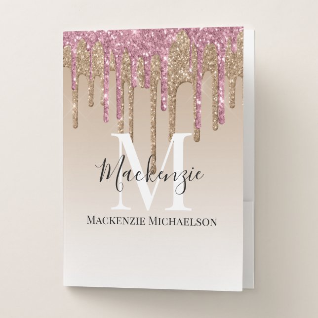 Girly Gold Pink Glitter Monogram Name Pocket Folder (Front)