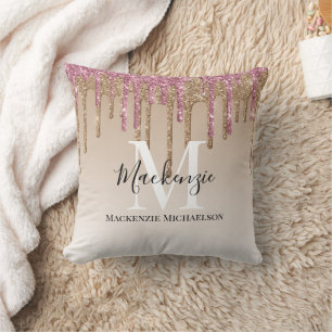Girly Gold Pink Glitter Monogram Name   Throw Pillow
