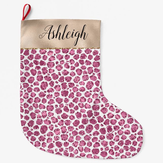 Girly Gold Pink Glitz Leopard Print Large Christmas Stocking (Front)