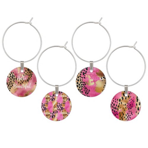 Girly Gold Pink Leopard Wine Charm