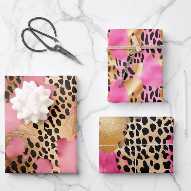 Girly Gold Pink Leopard Wrapping Paper Sheets (Front)