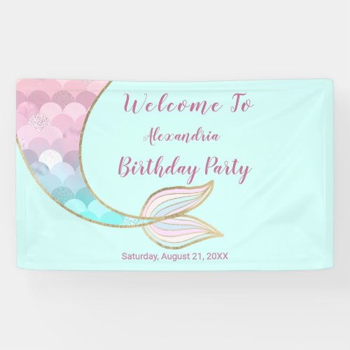 Girly Gold Pink Mint Mermaid Tail Pool Birthday Banner