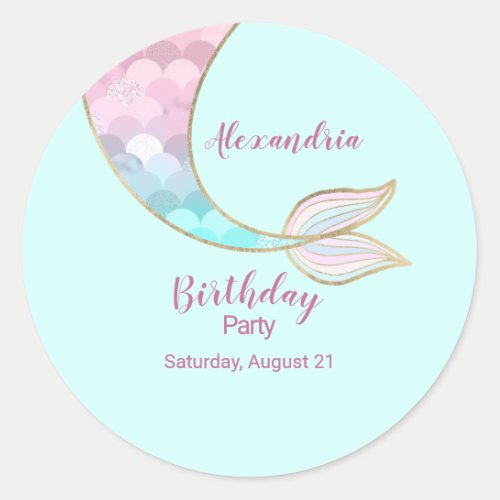 Girly Gold Pink Mint Mermaid Tail Pool Birthday Classic Round Sticker