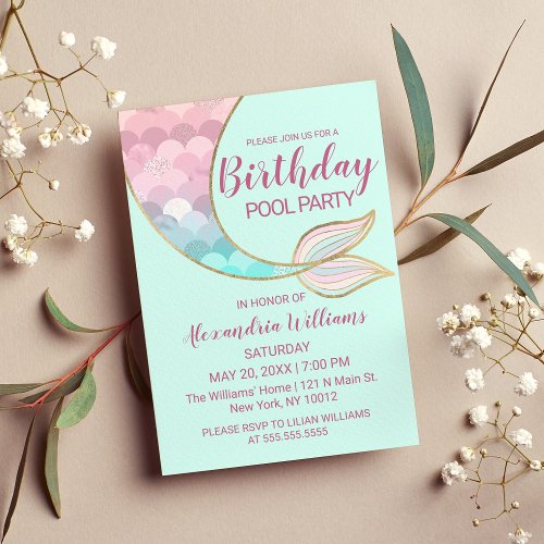 Girly Gold Pink Mint Mermaid Tail Pool Birthday Invitation