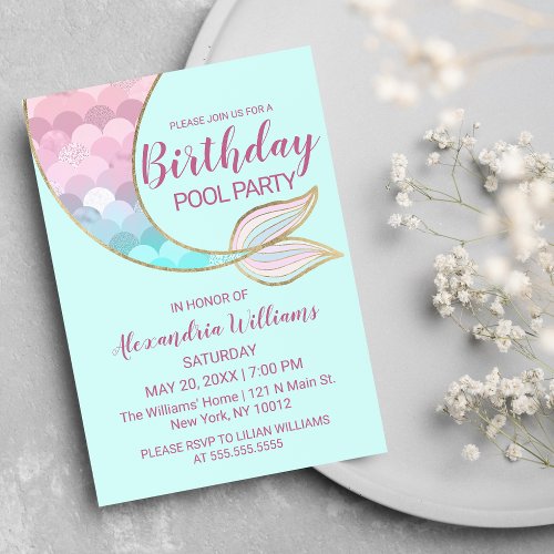 Girly Gold Pink Mint Mermaid Tail Pool Birthday Magnetic Invitation