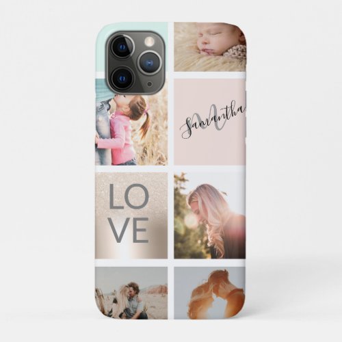 girly gold pink monogram love photo 5 collage grid iPhone 11 pro case