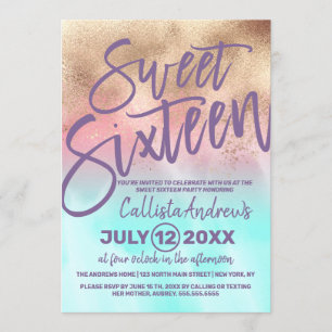 Girly Gold Pink Teal Watercolor Gradient Sweet 16 Invitation