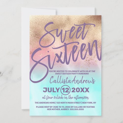 Girly Gold Pink Teal Watercolor Gradient Sweet 16 Invitation