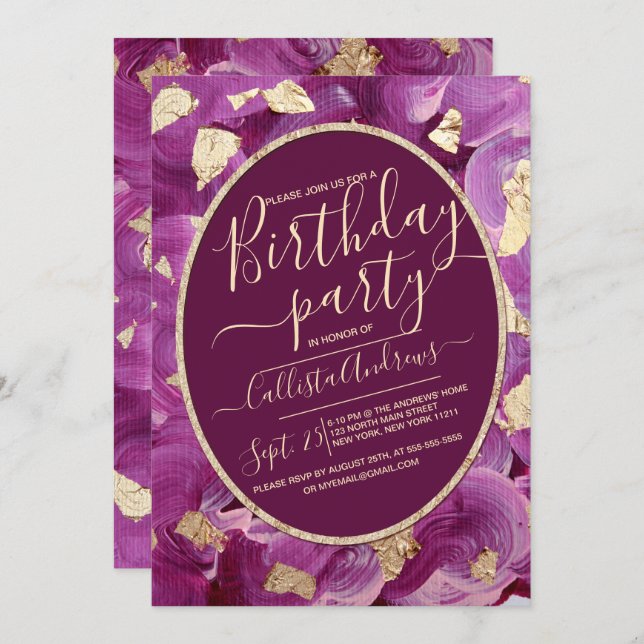 Girly Gold Plum Lilac Acrylic Brushstroke Birthday Invitation (Front/Back)
