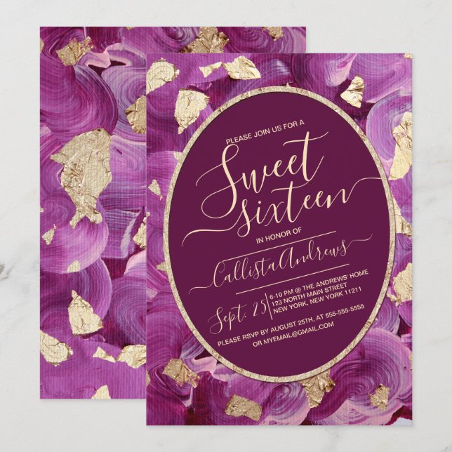 Girly Gold Plum Lilac Acrylic Brushstroke Sweet 16 Invitation (Front/Back)
