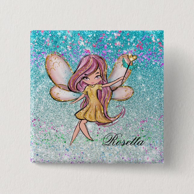 Girly Gold Purple Blue Glitter Sparkle Fairy Dust Button (Front)