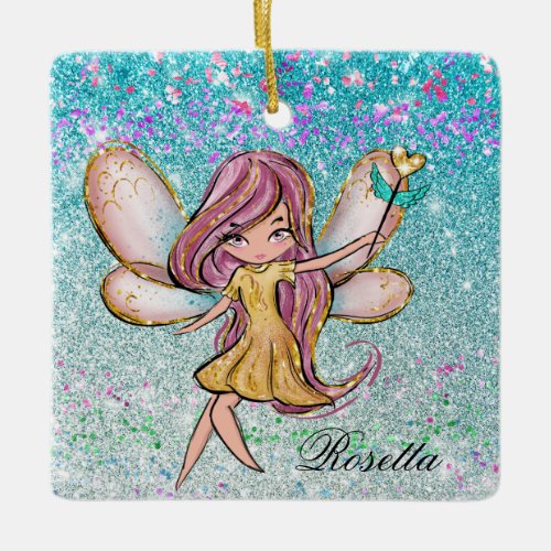 Girly Gold Purple Blue Glitter Sparkle Fairy Dust Ceramic Ornament
