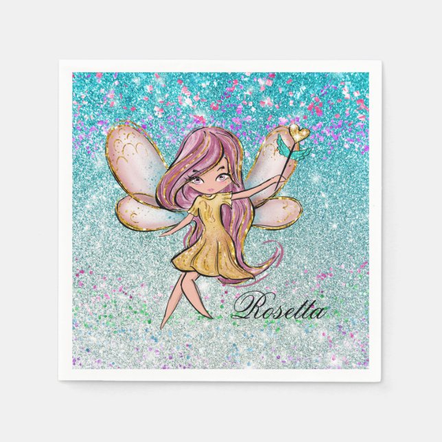 Girly Gold Purple Blue Glitter Sparkle Fairy Dust Napkins (Front)