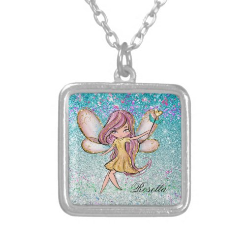 Girly Gold Purple Blue Glitter Sparkle Fairy Dust Silver Plated Necklace