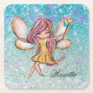 Girly Gold Purple Blue Glitter Sparkle Fairy Dust Square Paper Coaster