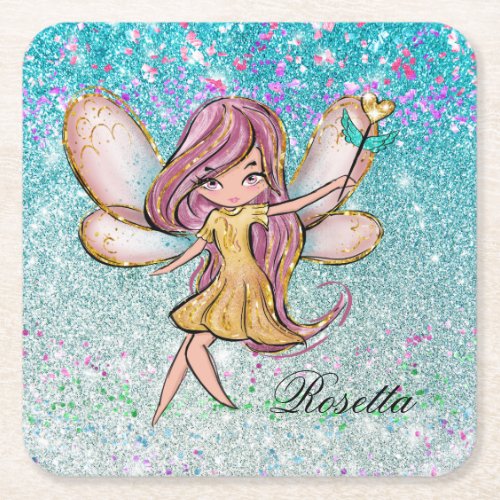 Girly Gold Purple Blue Glitter Sparkle Fairy Dust Square Paper Coaster