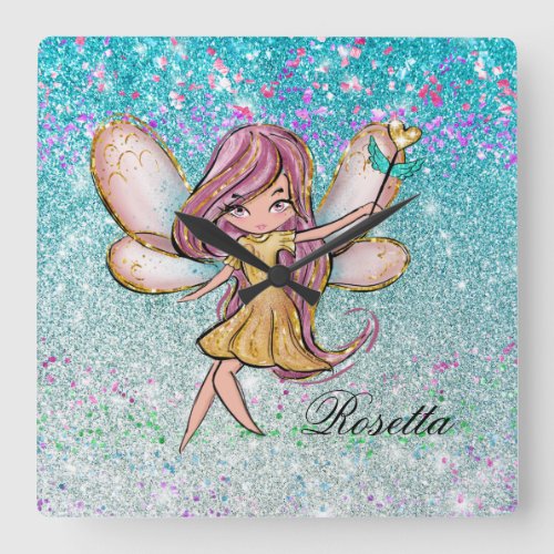 Girly Gold Purple Blue Glitter Sparkle Fairy Dust Square Wall Clock