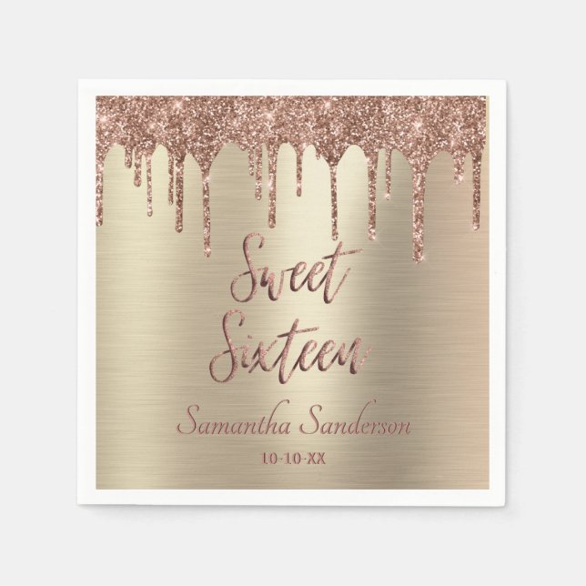 Girly Gold Rose Gold Glitter Drip Sweet 16 Napkins (Front)