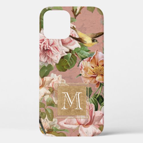 Girly Gold Sparkle Dusty Pink Flowers Monogram iPhone 12 Case