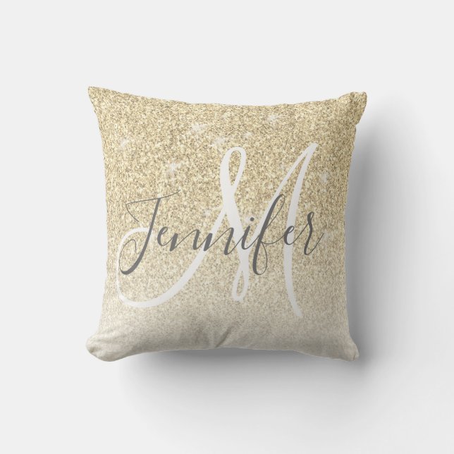 Girly Gold Sparkle Glitter Monogram Name Throw Pillow (Front)