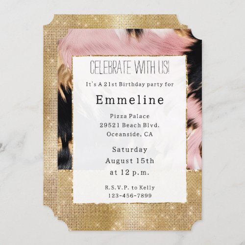 Girly Gold Sparkle Pink Black Cowhide  Invitation