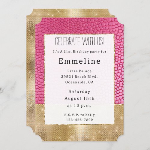 Girly Gold Sparkle Pink Faux Leather Invitation