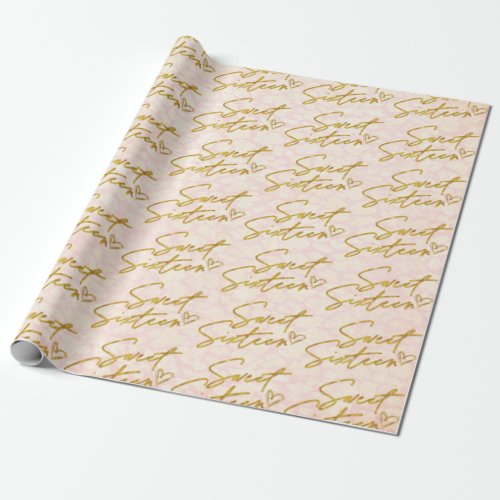 Girly Gold Sweet 16 on Blush Pink Wrapping Paper