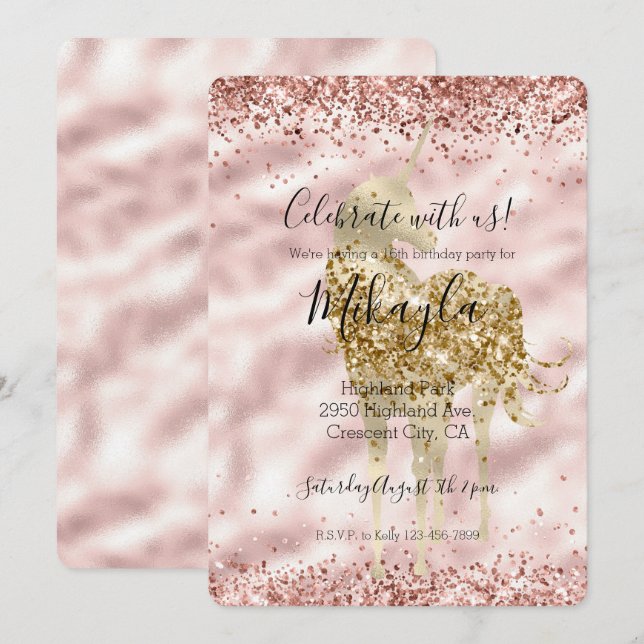 Girly Gold Unicorn Pink Glitter Sparkle Confetti Invitation (Front/Back)