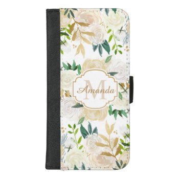Girly Gold White Floral Custom Monogram Name Iphone 8/7 Plus Wallet Case by CityHunter at Zazzle