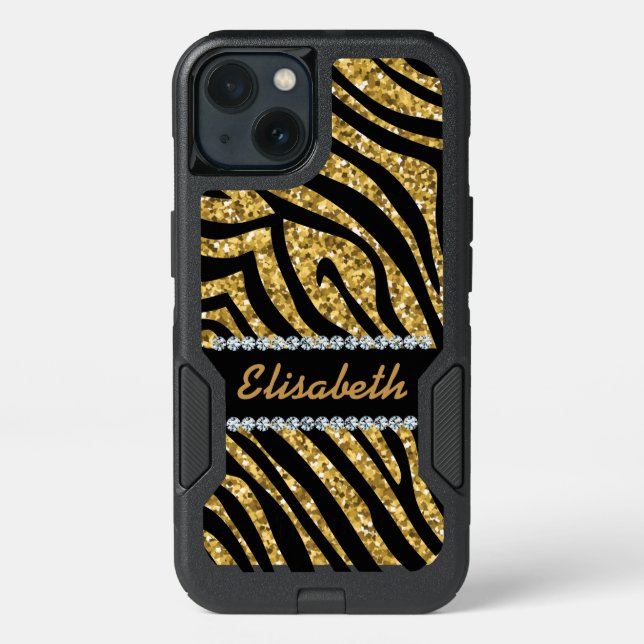 GIRLY GOLD ZEBRA glitter printed Diamonds monogram Otterbox iPhone Case (Back)