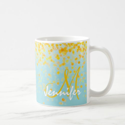 Girly golden yellow confetti turquoise ombre name coffee mug