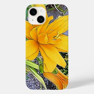Girly Golden Yellow Daylily Flower and Bud Artwork