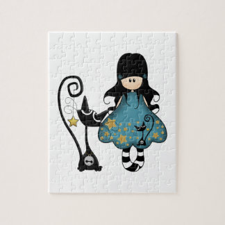 Girly Goth Girl with Black Cat Jigsaw Puzzle