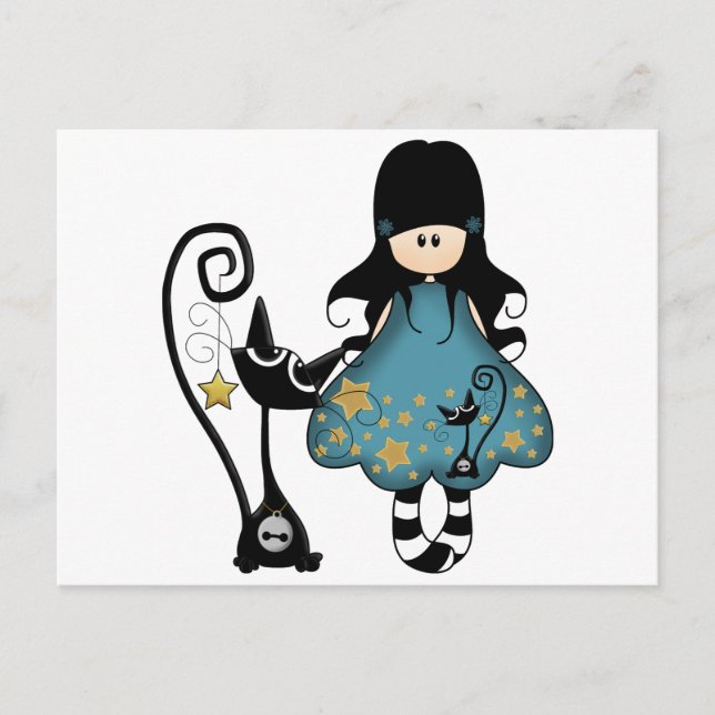 Girly Goth Girl with Black Cat Postcard (Front)