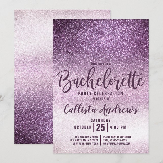 Girly Grape Purple Triple Glitter Bachelorette Invitation (Front/Back)